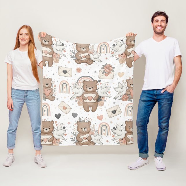 Neutral Teddy Bear Baby Shower Pattern Fleece Blanket (In Situ)