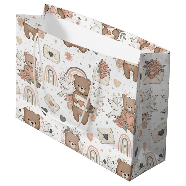 Neutral Teddy Bear Baby Shower Pattern Large Gift Bag (Front Angled)