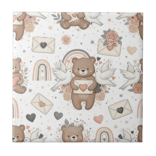 Neutral Teddy Bear Baby Shower Pattern Tile