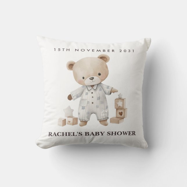 Neutral Teddy Bear Baby Shower Pillow  (Front)