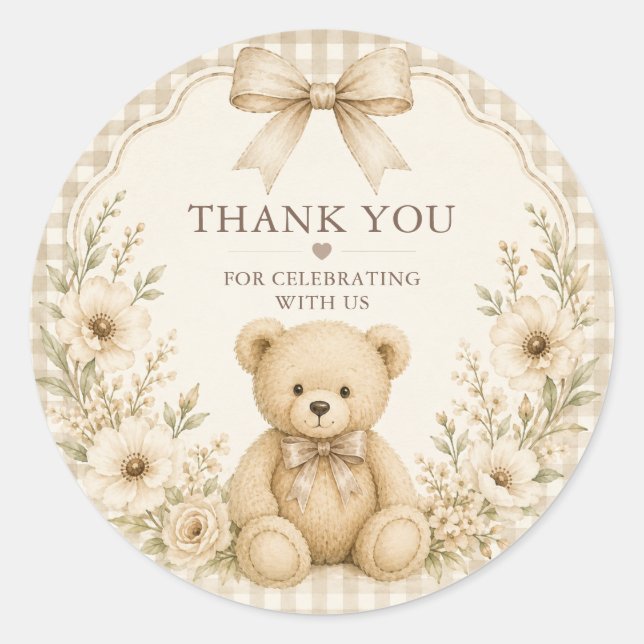Neutral Teddy Bear Baby Shower Round Sticker (Front)