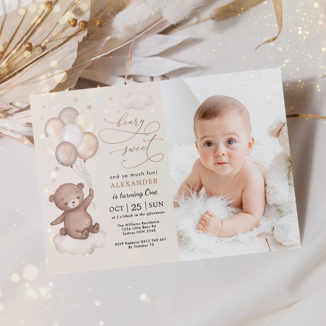 Neutral Teddy Bear Balloons 1st Birthday Party Invitation (Creator Uploaded)