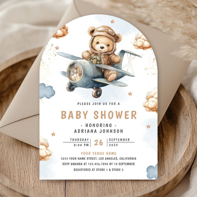 Neutral Teddy Bear Blue Aeroplane Arch Baby Shower Invitation (Creator Uploaded)
