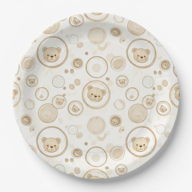 Neutral Teddy Bear Circle Pattern Beige Baby (1) Paper Plate (Front)