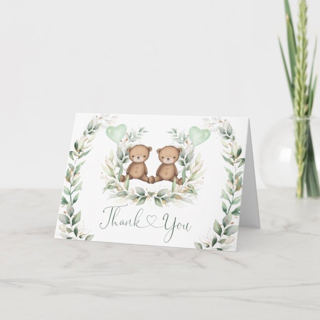 Neutral Teddy Bear Twins Sage Greenery Balloons Card (Front)