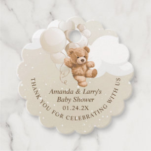Neutral Teddy Bear with Balloons Favour Tags