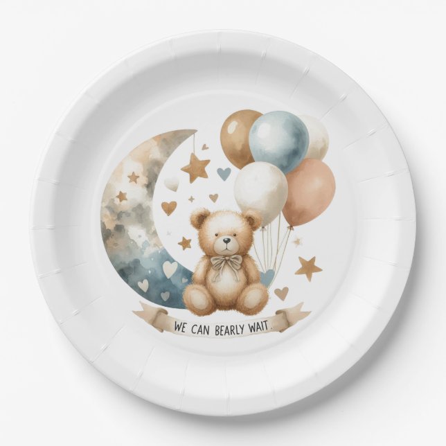 Neutral Teddy Gender Reveal Paper Plate (Front)