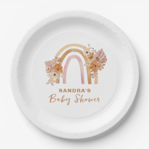 Neutral Terracotta Boho Rainbow Floral Baby Shower Paper Plate