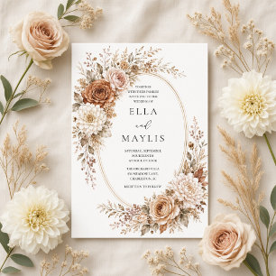 Neutral Terracotta Floral Oval Frame Fall Wedding Invitation