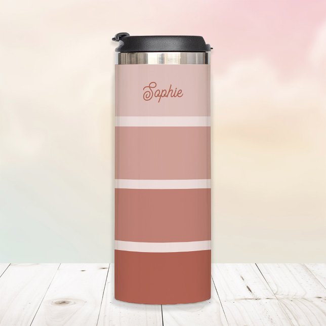 Neutral Terracotta | Ombre Stripes with Script Thermal Tumbler (A stylish tumbler with neutral terracotta and beige ombre stripes)