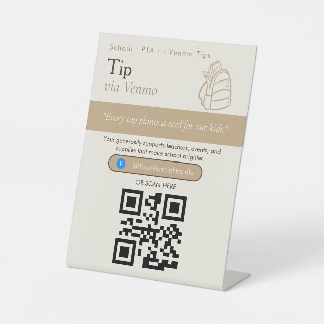 Neutral Tip Your Driver QR Code Sign | Venmo Tips  (Front)