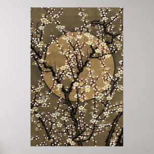 Neutral Tone Full Moon Cherry Blossom Design Art Poster