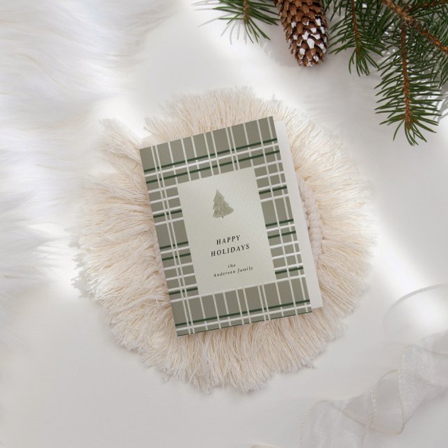 Neutral Tones Plaid Minimalist Folded Holiday Card (Creator Uploaded)