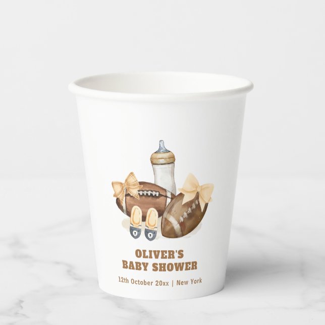 Neutral Touchdown Football Boy Baby Shower Paper Cups (Front)