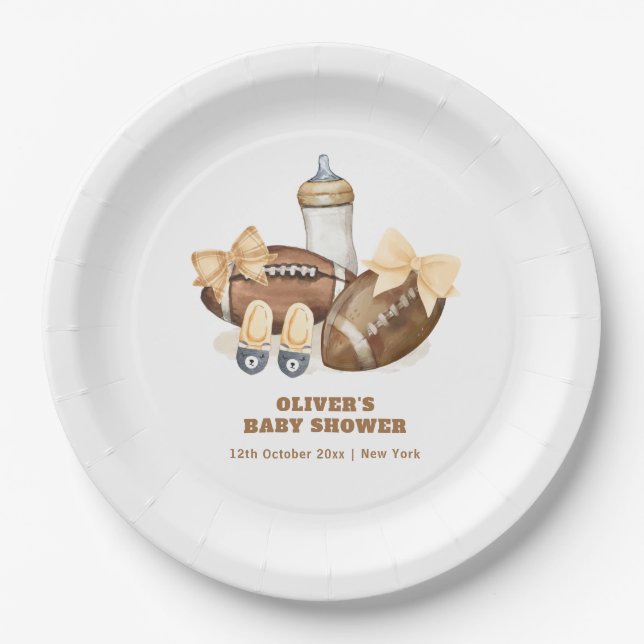 Neutral Touchdown Football Boy Baby Shower Paper Plate (Front)