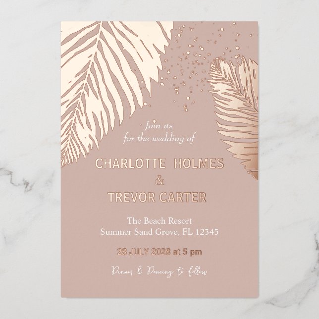 Neutral Tropical Palms Beach Wedding Gold (Front)