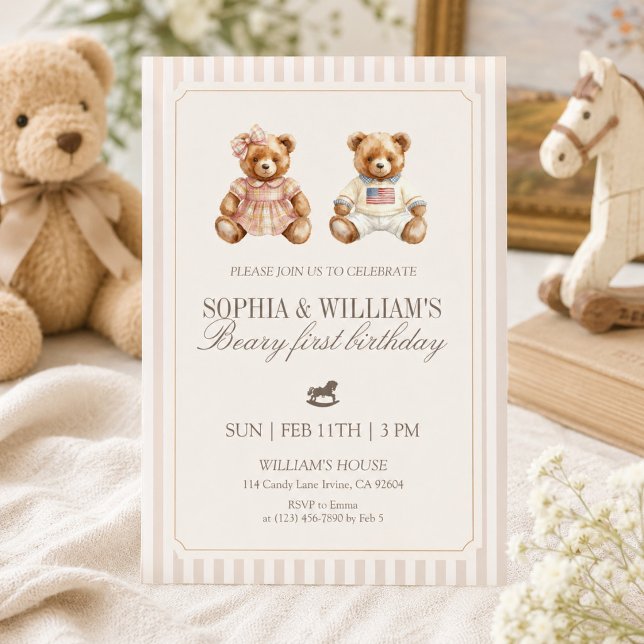 Neutral Twin Beary First Birthday Teddy Bear Invitation (Creator Uploaded)