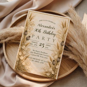 Neutral Vintage Botanical Wheat 90th Birthday Invitation