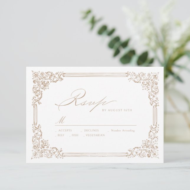 Neutral Vintage Frame Elegant Script Wedding RSVP Card (Standing Front)