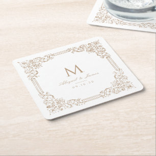 Neutral Vintage Frame Elegant Wedding Monogram Square Paper Coaster