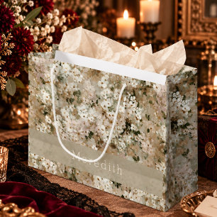 Neutral Vintage White Wildflower Floral Monogram Large Gift Bag