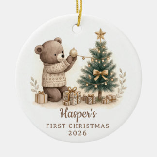 Neutral Watercolor Bear Baby First Christmas Ceramic Tree Decoration