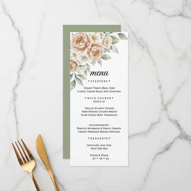 Neutral Watercolor Botanical Wedding Dinner Menu (Front/Back In Situ)