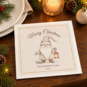 Neutral Watercolor Christmas Gnome with Lantern Napkin