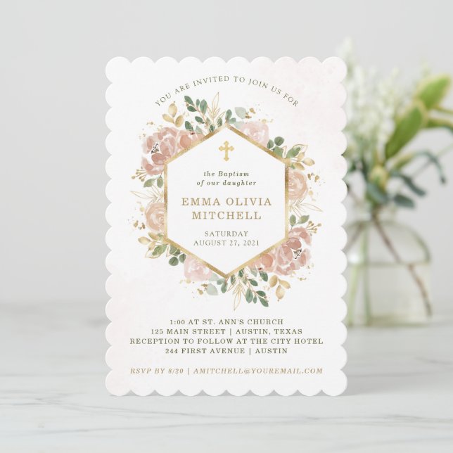 Neutral Watercolor Floral and Gold Cross | Baptism Invitation (Standing Front)