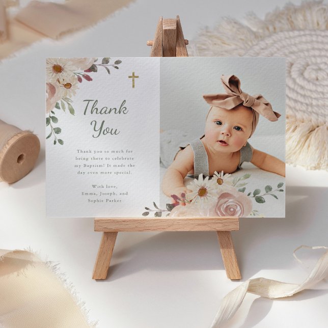 Neutral Watercolor Floral | Baptism Photo Thank You Card (Creator Uploaded)