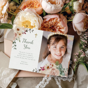 Neutral Watercolor Floral   First Communion Photo Thank You Card
