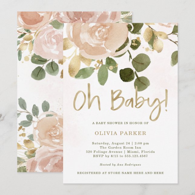 Neutral Watercolor Floral | Oh Baby Baby Shower Invitation (Front/Back)
