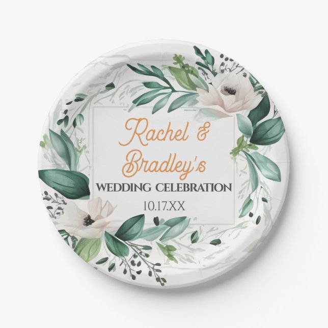 Neutral Watercolor Floral Wedding Greenery Frame Paper Plate (Front)
