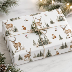 Neutral Watercolor Woodland Deer Pine Christmas Wrapping Paper