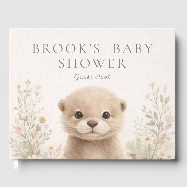Neutral Watercolor Woodland Otter Baby Shower Guest Book (Front)