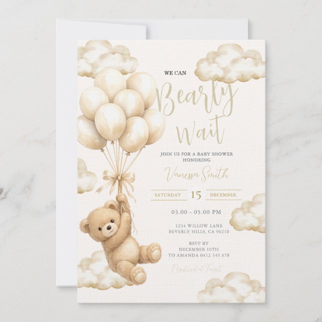 Neutral We Can Bearly Wait Baby Shower Invitation (Front)