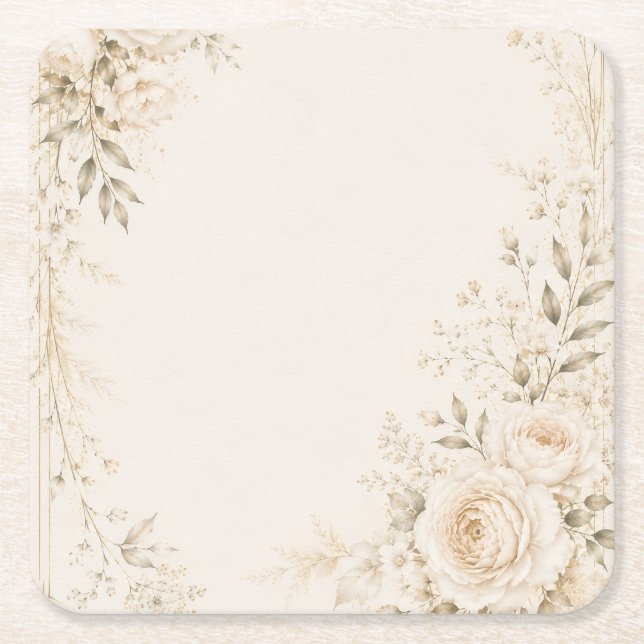 Neutral Wedding with Refined Florals Square Paper Coaster (Front)