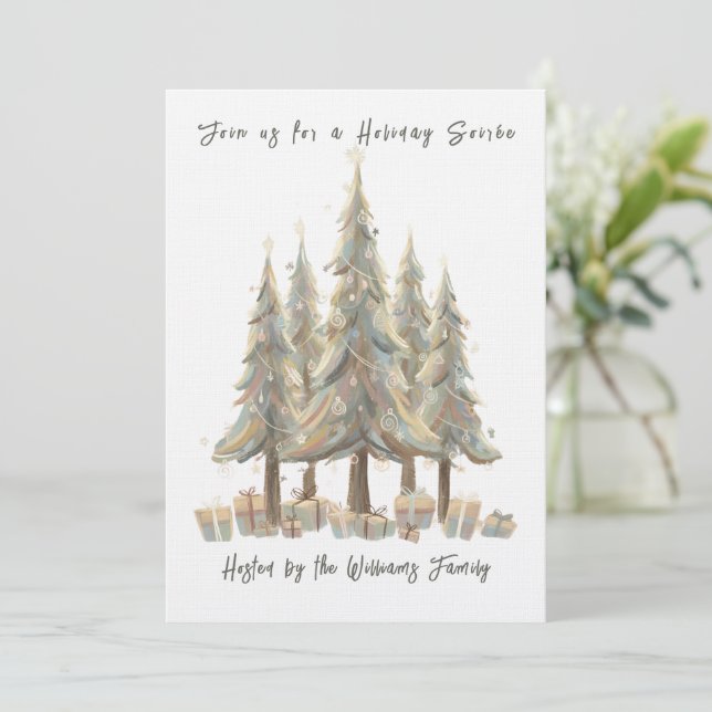 Neutral White Christmas Trees Cream Holiday Invitation (Standing Front)