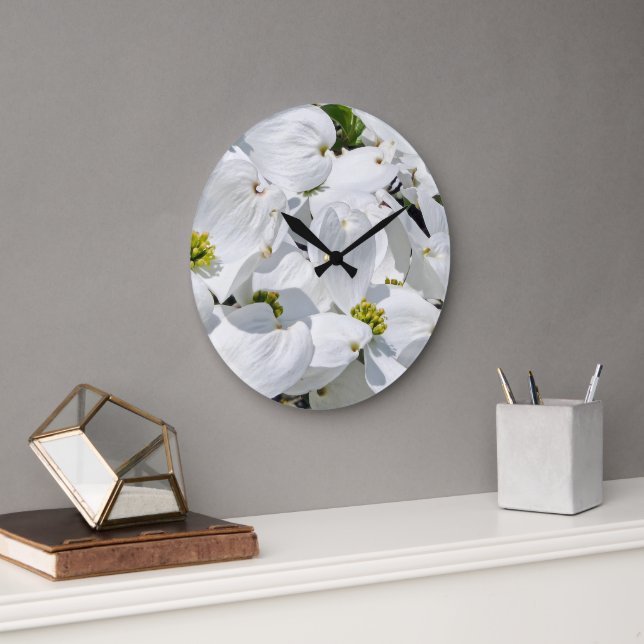 Neutral White Cornales Dogflowers Florals By Ava  Large Clock (Office)