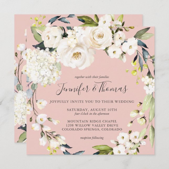 Neutral White Floral Blush Pink Square Wedding Invitation (Front/Back)