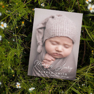 Neutral White Name Signature Script New Baby Photo Announcement