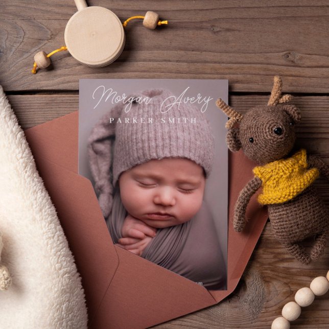 Neutral White Name Signature Script New Baby Photo Announcement (Creator Uploaded)