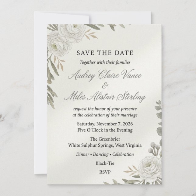 Neutral White Ranunculus & Olive Branch Save  Invitation (Front)