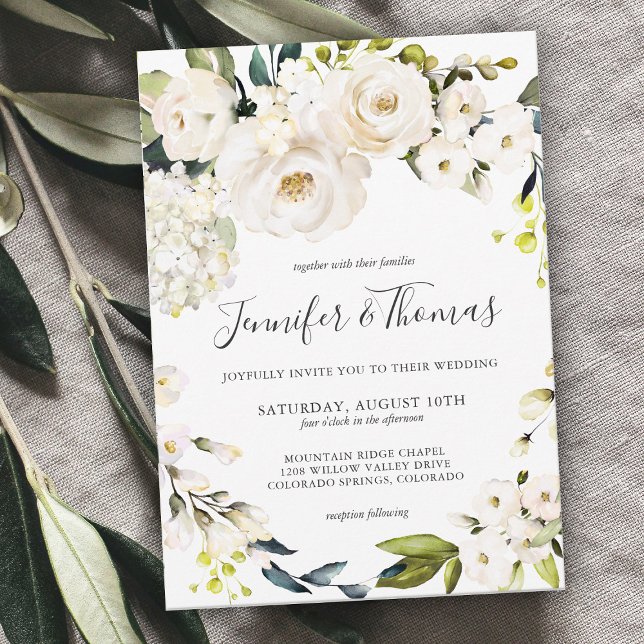 Neutral White Watercolor Floral Wreath Wedding Invitation (Creator Uploaded)