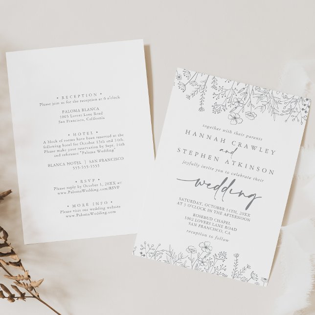 Neutral Wildflower Front & Back Wedding  Invitation (Creator Uploaded)