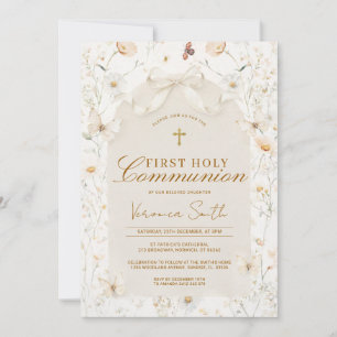 Neutral Wildflower Ivory First Holy Communion Invitation