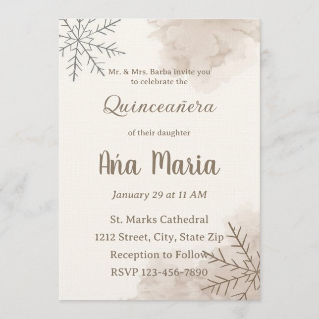 Neutral Winter Quinceañera Invitation – Minimalist (Front)