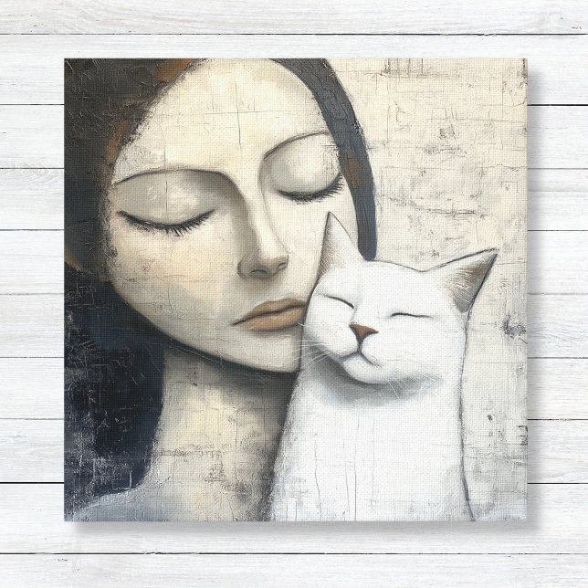 Neutral Woman and Cat Canvas Print (Neutral Woman with Cat Canvas Print - Living Room Bedroom Wall Art)
