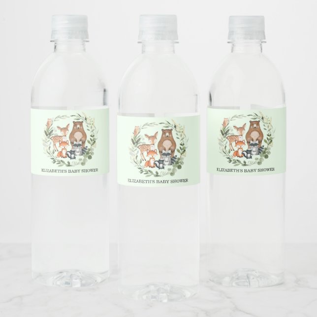 Neutral Woodland Animals Baby Shower 1st Birthday Water Bottle Label (Bottles)