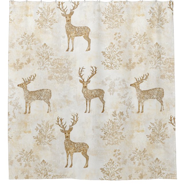 Neutral Woodland Deer Pattern Shower Curtain (Front)